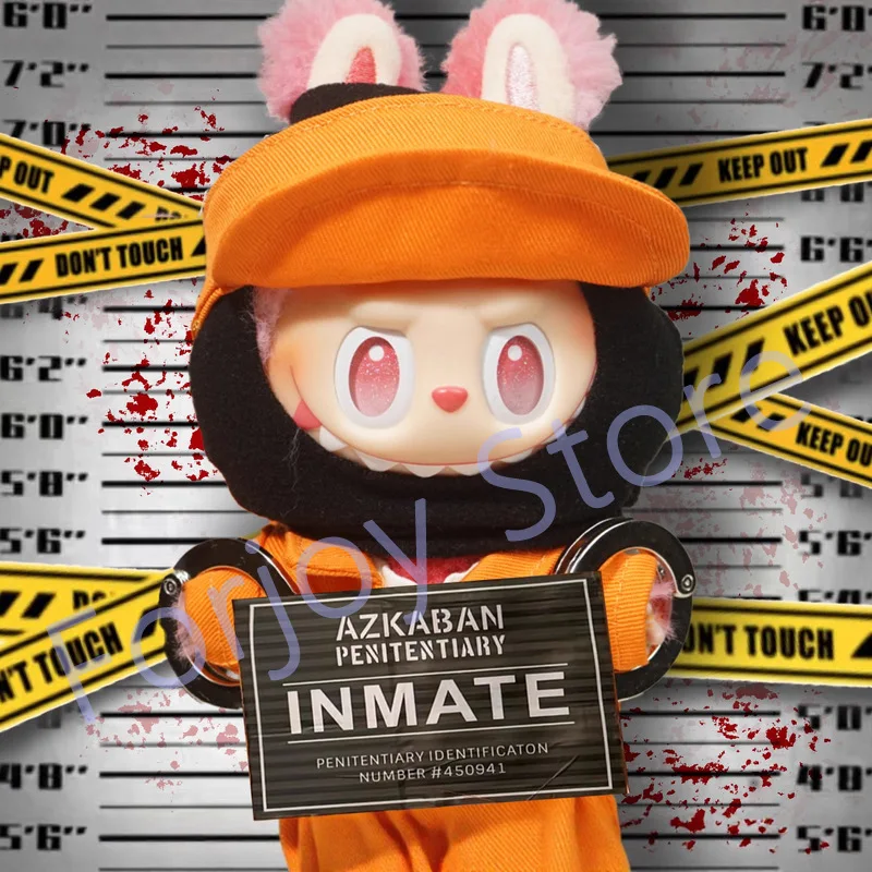 Ubranka dla lalki Labubu 17cm, strój w stylu Pure Prison, kombinezon, zestaw kajdanek, akcesoria dla lalek, unisex, odzież do zabawy dla dzieci.