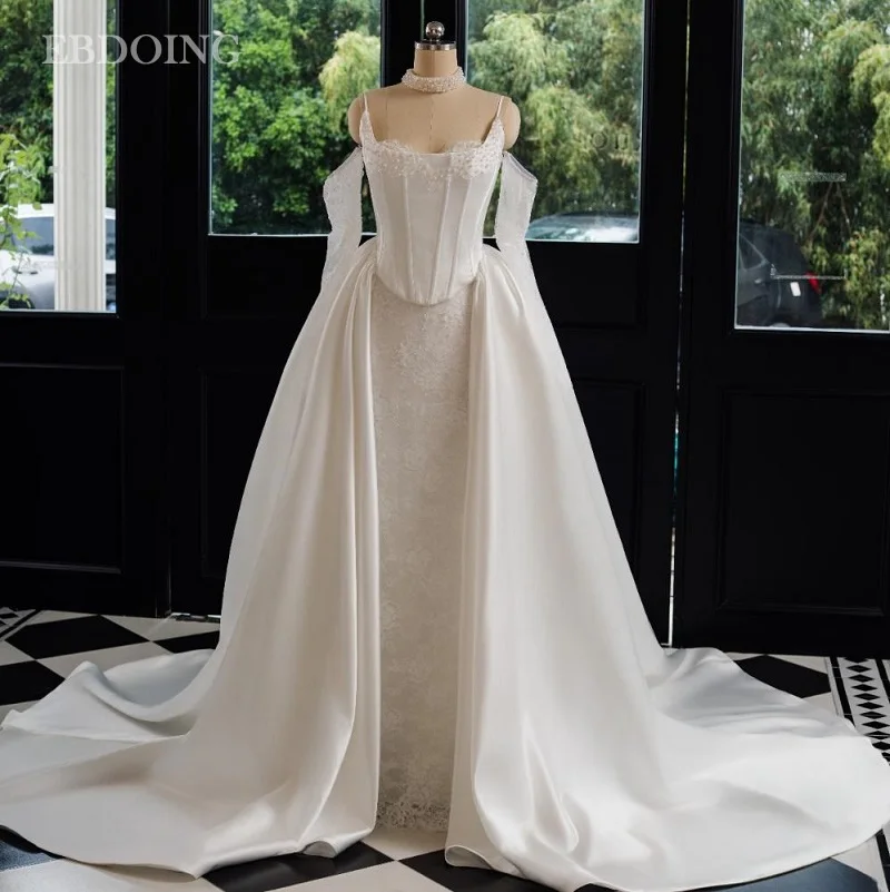 EBDOING Customized Mermaid Wedding Dress 2 in 1 Spaghetti Straps With Detachable Sleeves Bride Gown Vestidos De Novias