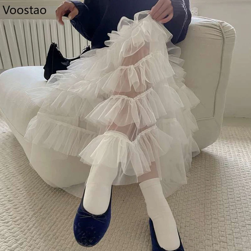 

Korean Chic High Waist Casual Skirt Women Elegant Ruffles Patchwork Mesh Party Long Robes Female Sweet Y2k Fairy A-Line Skirts