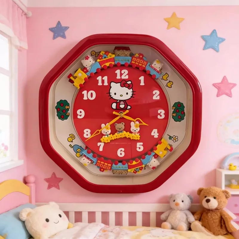 Anime Hello Kitty Cartoon Themed Toy Train Wall Clock with Sound and Moving Parts for Kids Room Decoration Functional Timepiece