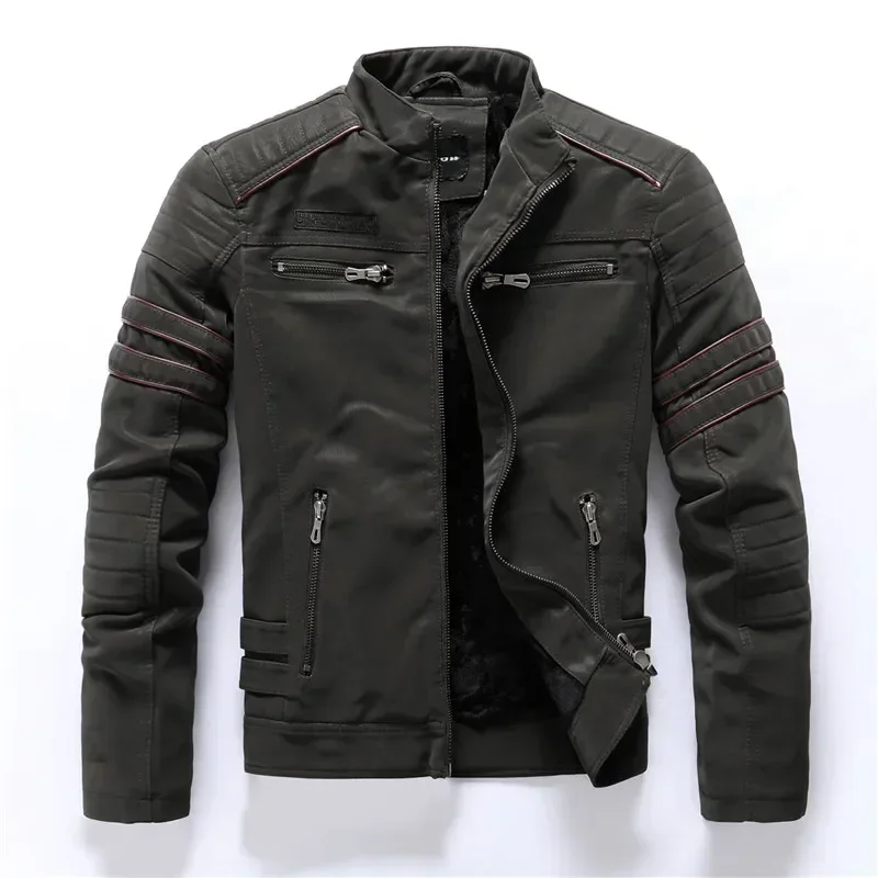 

Leather Jacket Winter Men Brand Motorcycle PU Vintage Multi-pocket Leather Coat Fleece Warm Male Zipper Autumn Outwear Jackets