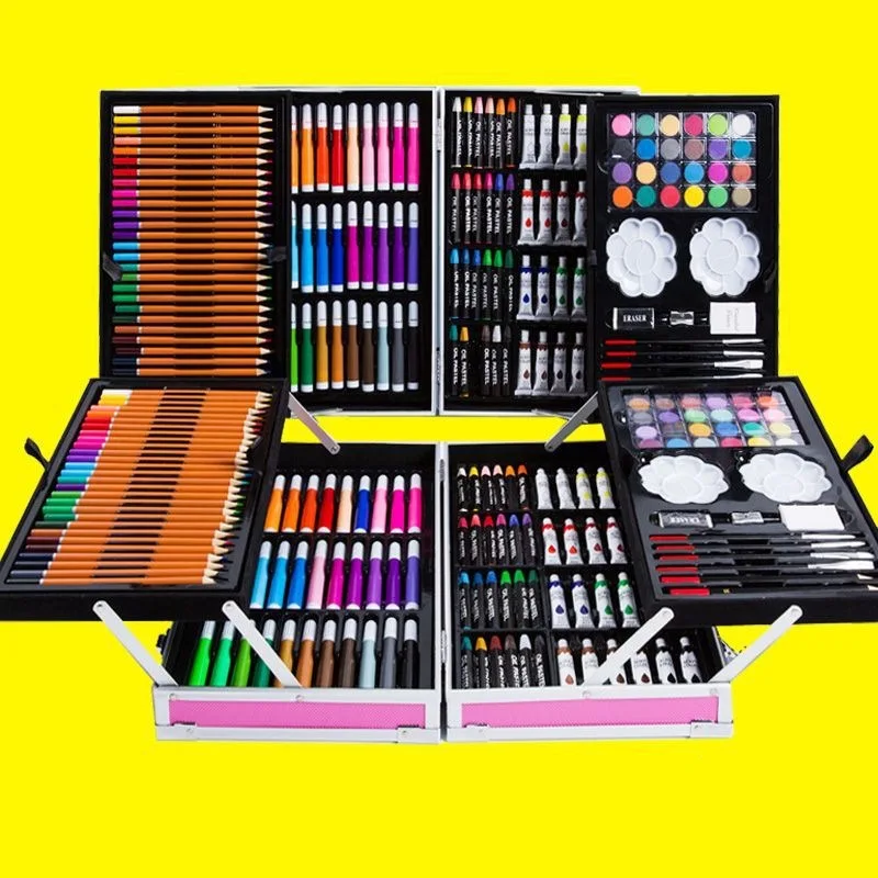 Kids Art Set 208 Piece Watercolor Pen Crayon and Oil Pastel Drawing Kit with Carrying Case for Girls Boys Preschool