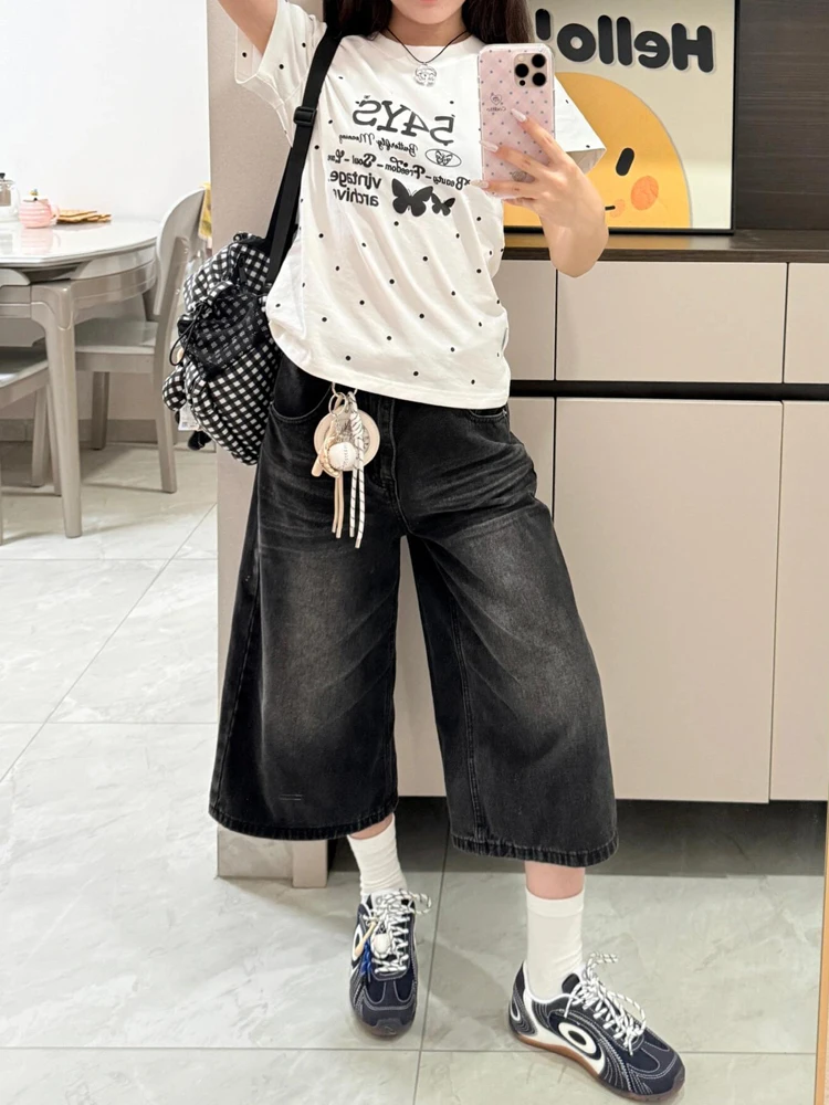 Cool Sweet Spicy American Wash Black Seven-Five Jeans Shorts Women Summer Loose Bf Lazy Style Wide Leg Mid-Pants
