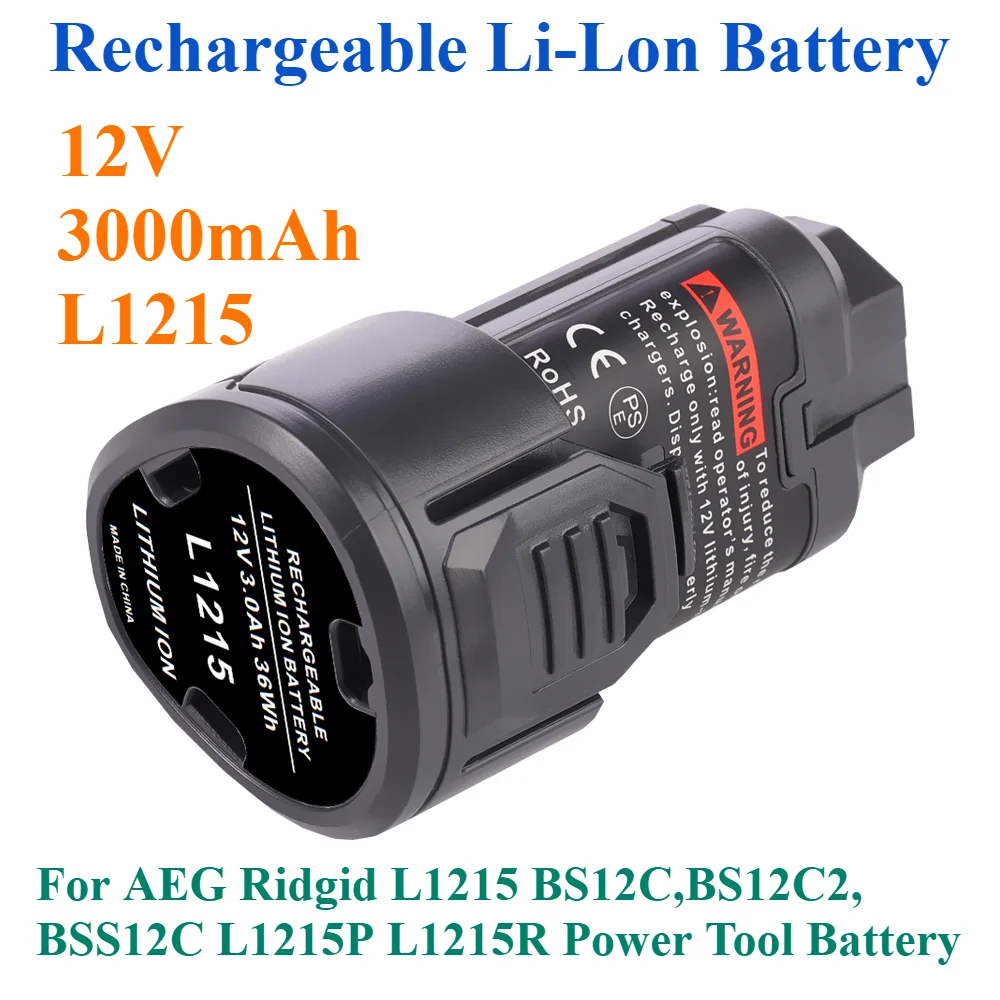 12V 3000mAh L1215 L1215 BS12C,BS12C2,BSS12C L1215P L1215R Power Tool Battery  Rechargeable Li-Lon Battery For AEG Ridgid