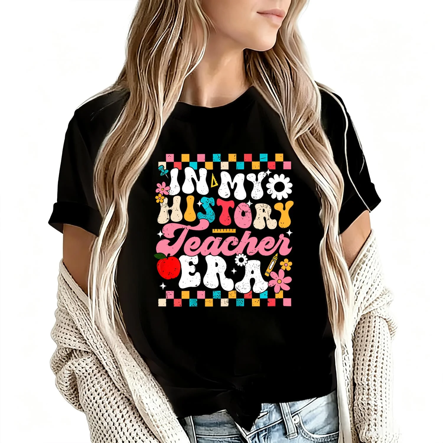 In My History Teacher Era Back to School Women's T-Shirt 100% Cotton Funny Graphic Short Sleeve Tee Novelty Shirt Casual Crew Neck Top S-5Xl