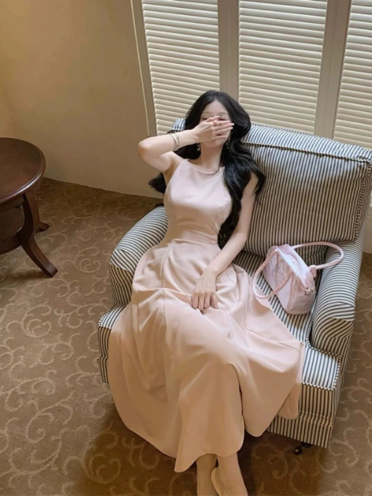 

Halter Neck Dress Women's Clothing Vestidos Solid Gentle Summer Pleated Long Skirt Design Slit Fanny Pack Hip Skirt Wh10