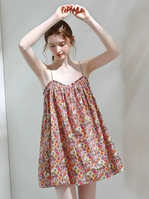 Comfortable Simple Style Floral Print Chemise Nightgown Summer Thin Breathable Fairy Style Home Clothes plus Size Sleepwear