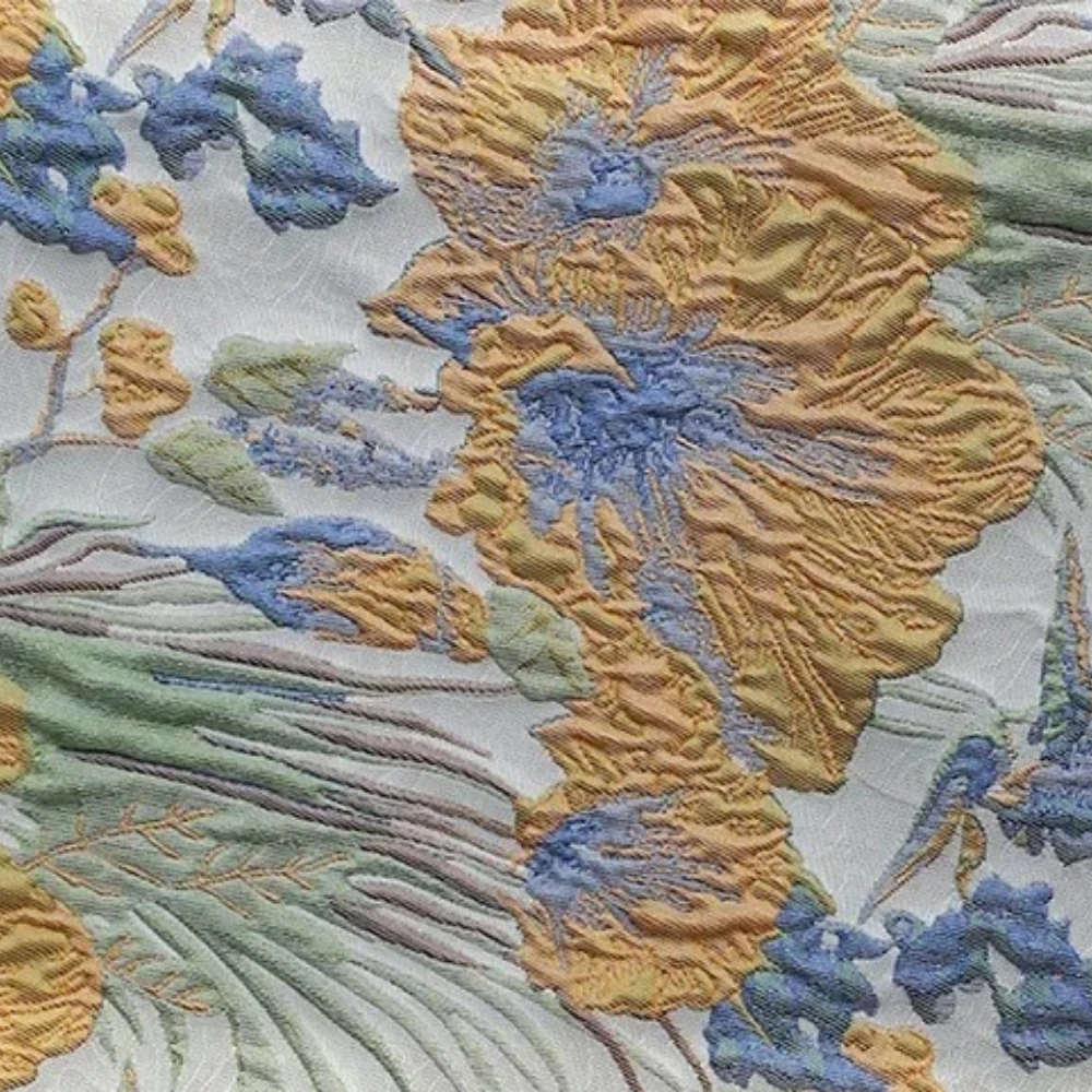 

Yellow Flower Jacquard Fabric Makaron Wrinkled Dress Casual Wear Fashion Design Wholesale Material Cloth for Sewing by the Meter