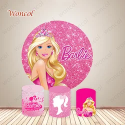 Barbie Pink Round Cover Girls Birthday Baby Shower Banner Princess Theme Round Backdrop Cylinder Cover Party Photo Studio Props