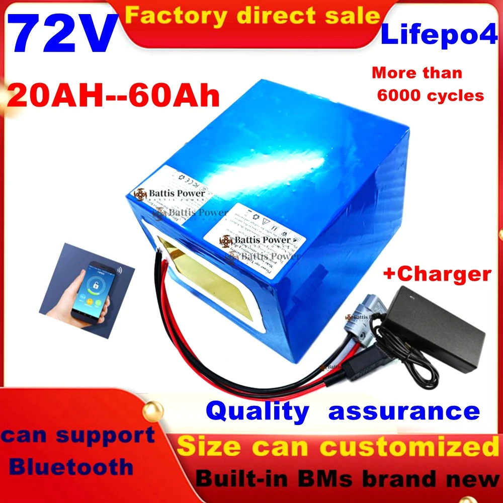 Rechargeable Lifepo4 72V 20Ah 30Ah 40Ah 50Ah 60Ah Lithium Battery for 1KW 2KW 3KW Two Wheeler Electric Motorcycle Tricycle