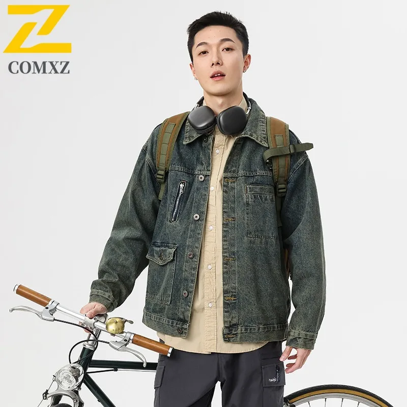 

COMXZ Casual Denim Jacket Men 2025 New American Vintage Blue Denim Top Spring Autumn Handsome outdoor sports tactics Lapel Coat