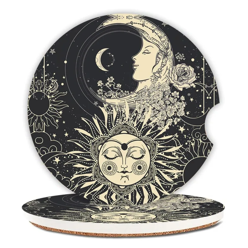 2pcs Vintage Sun Moon Celestial Floral Car Coasters, Ceramic Cup Holder Coasters with Finger Notch, 2.56