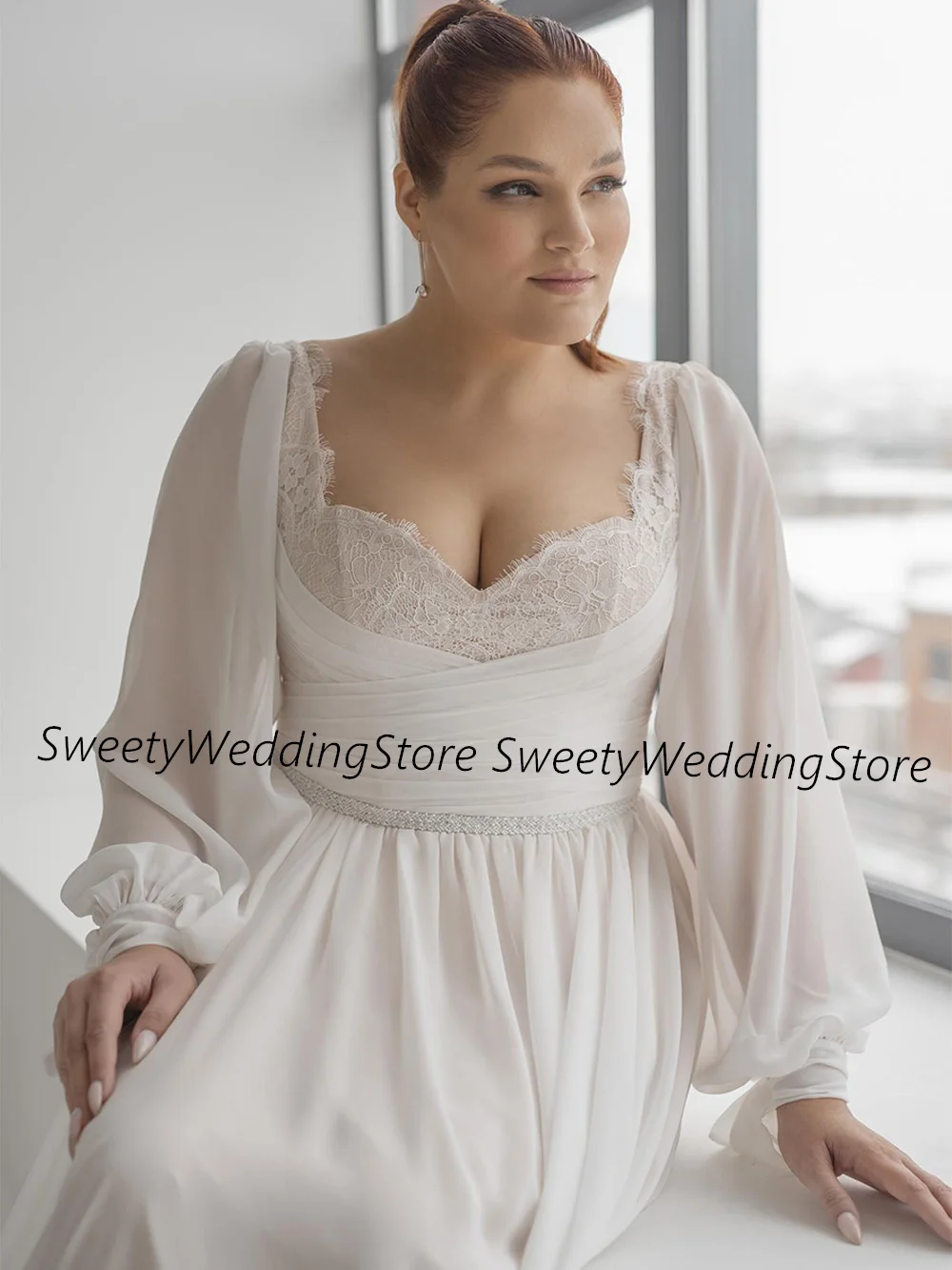 Vrouwen Plus Size Trouwjurk Voor Bruid Nieuwe Aankomst Sweetheart Poff Mouwen Kralen Riem Kant Een Lijn Chiffon Strand Bruidsjurk