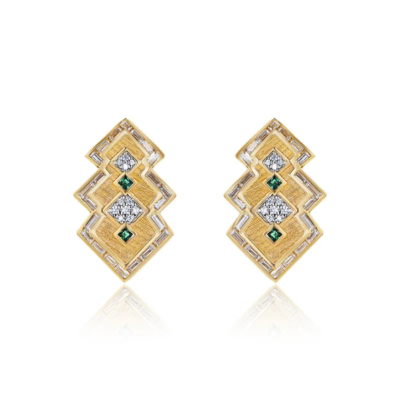 

BELLUX 925 Silver Synthetic Zircon Green Nano Vintage Brushed Earrings Unique Design Geometric Splicing Earrings
