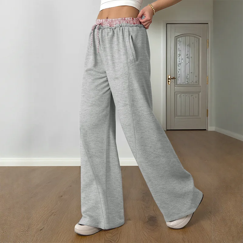Chic 2026 Autumn and Winter Simple College Style Mopping Wide-leg Pants Drawstring Plaid Contrasting Loose Sweatpants Women Y2K
