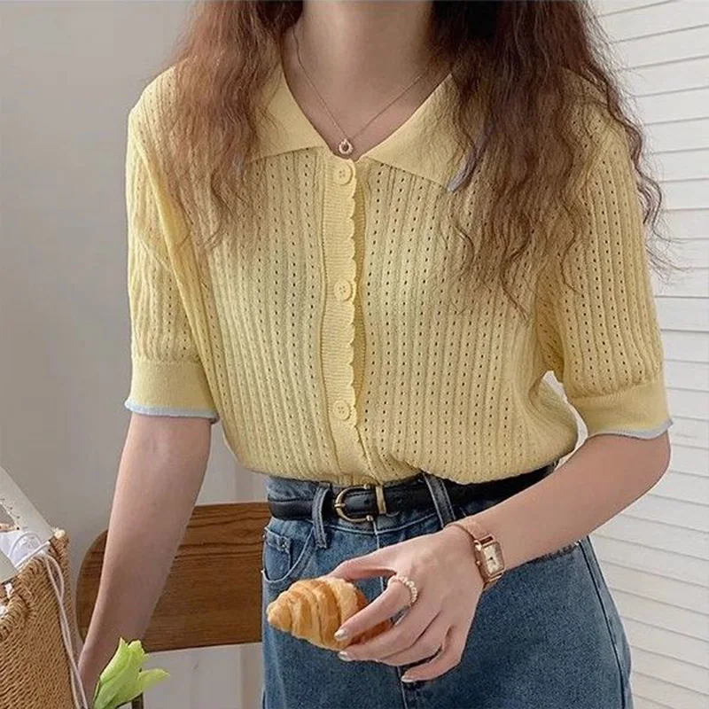 Women Clothing Solid Polo-neck Short Sleeve Knit Shirt Summer Elegant Chic Thin Cardigan Office Lady Loose All-match Tops