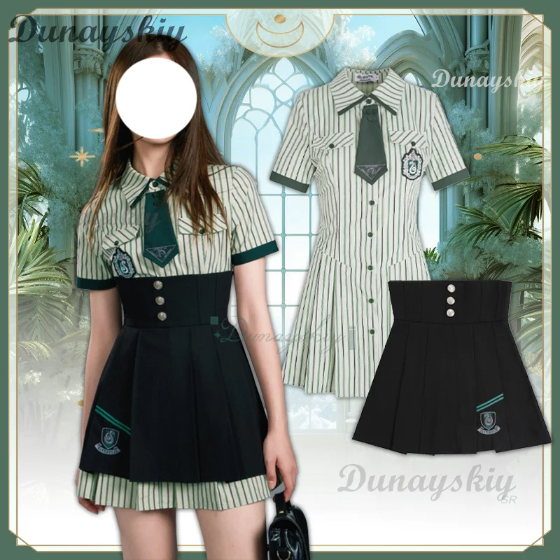 

2025 Summer Green Vertical Striped JK School Uniform Shirt Skirt Kawaii Women Girls Halloween Carnival