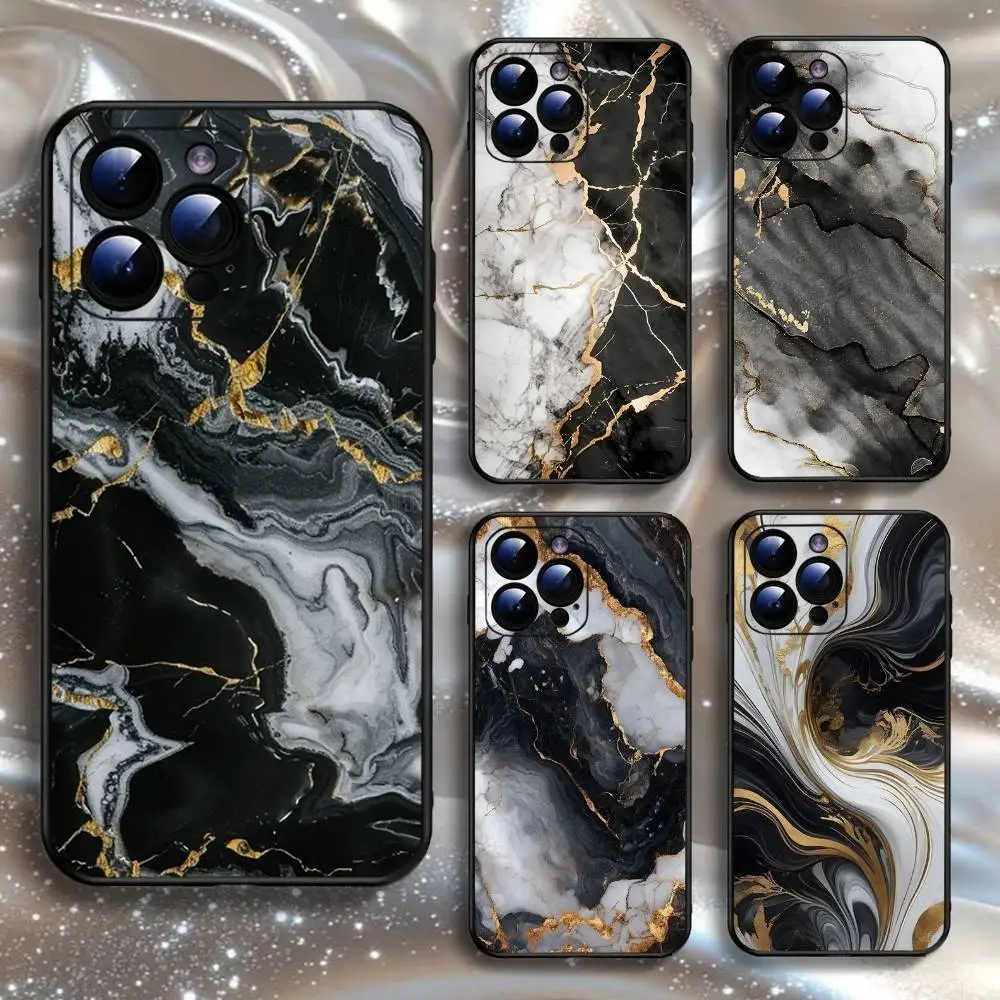 

Black Gold Marble Pattern Phone Case For iPhone16,15,14,13,12,11 Plus,Pro Max,XS,X,XR,SE,Mini,8,7,Soft Silicone Black Cover