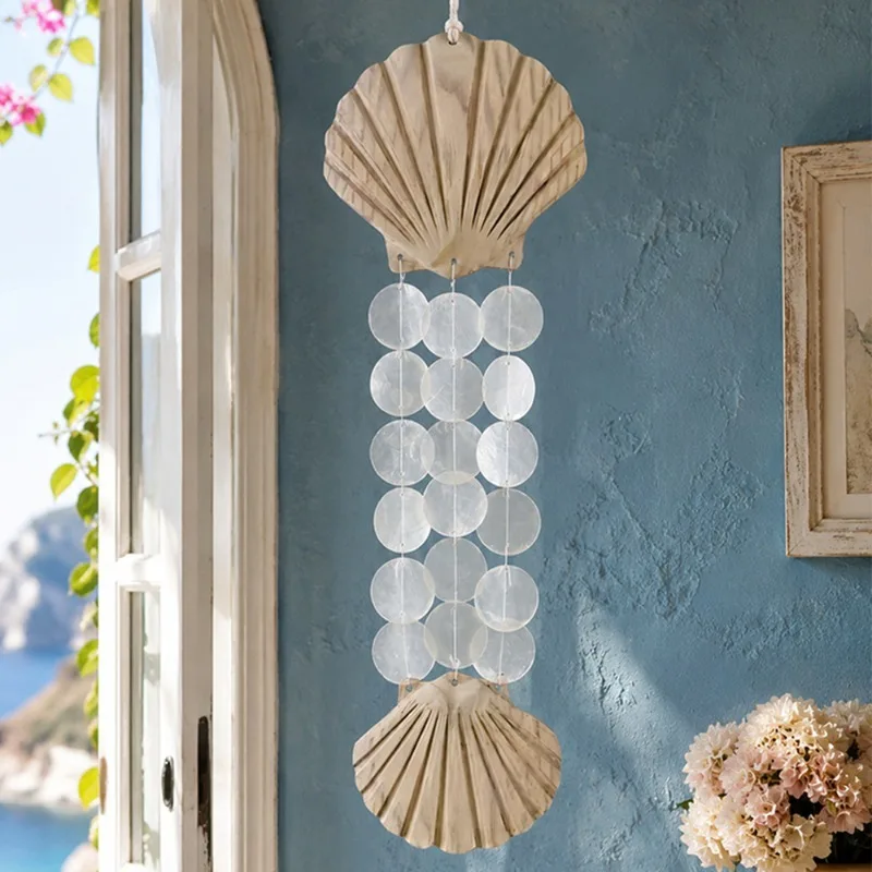 1pcs Wooden Marine Animal Capiz Shell Wind Chime Bohemian Coastal Wall Hanging Decor for Home Balcony Garden Beach Ornament Gift - view 2