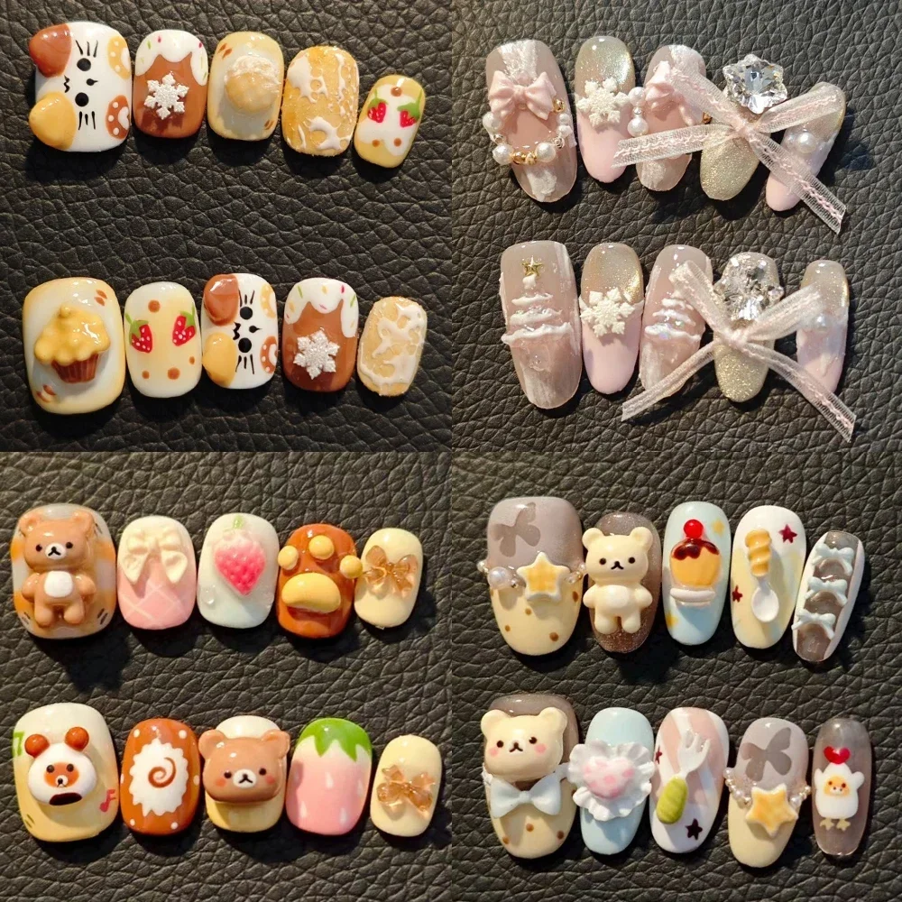 

Cartoon Rilakkuma Cat Rabbit Dog Handmade Wearable Press On Nail Cake Bread Bowknot Snowflake Apple Flowers Nail Party Stickers