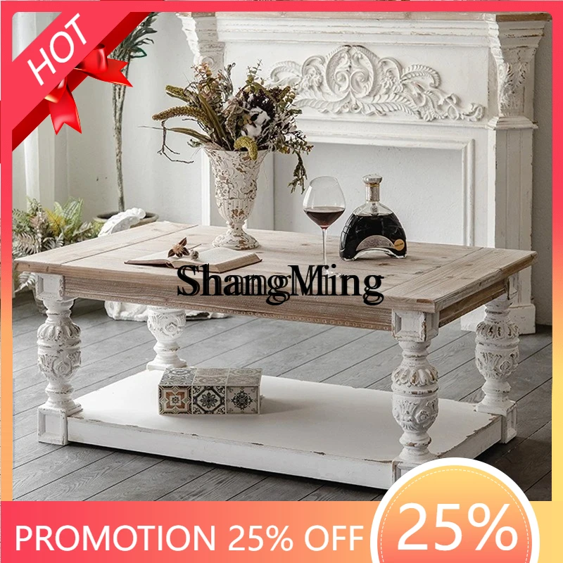 

SM new home retro living room solid wood coffee table B & B rectangular old carved tea table