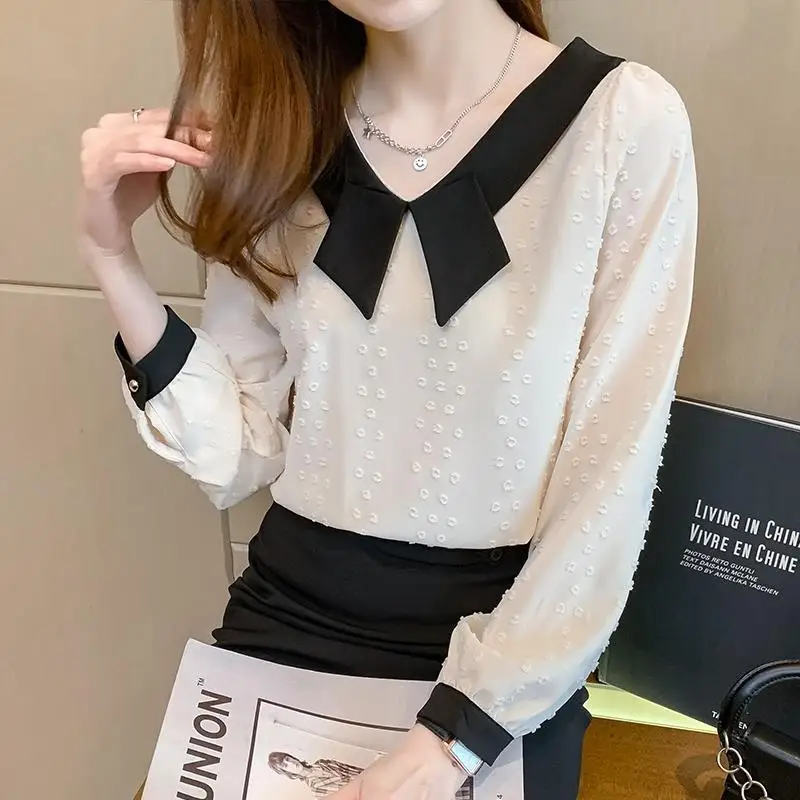 Women\'s Korean Fashion Contrast Color Elegant Blouse Casual V Neck Long Sleeve Shirt Spring Autumn Chic Loose Tops Blusas Mujer