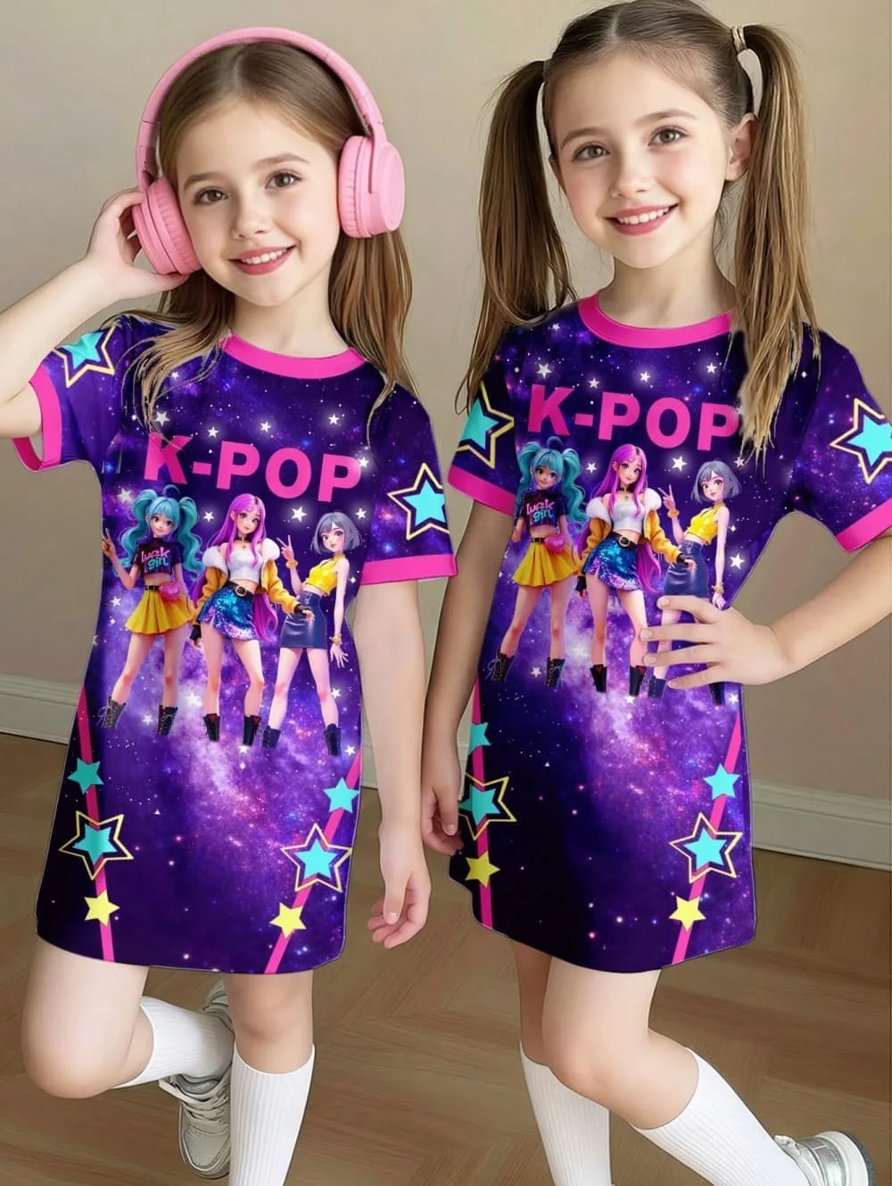 Kpop Cartoon Graphic Dress for Girls Funny Gift for Fan Harajuku Girl Kid's Dress Summer Short Sleeve Dress Children's Clothing