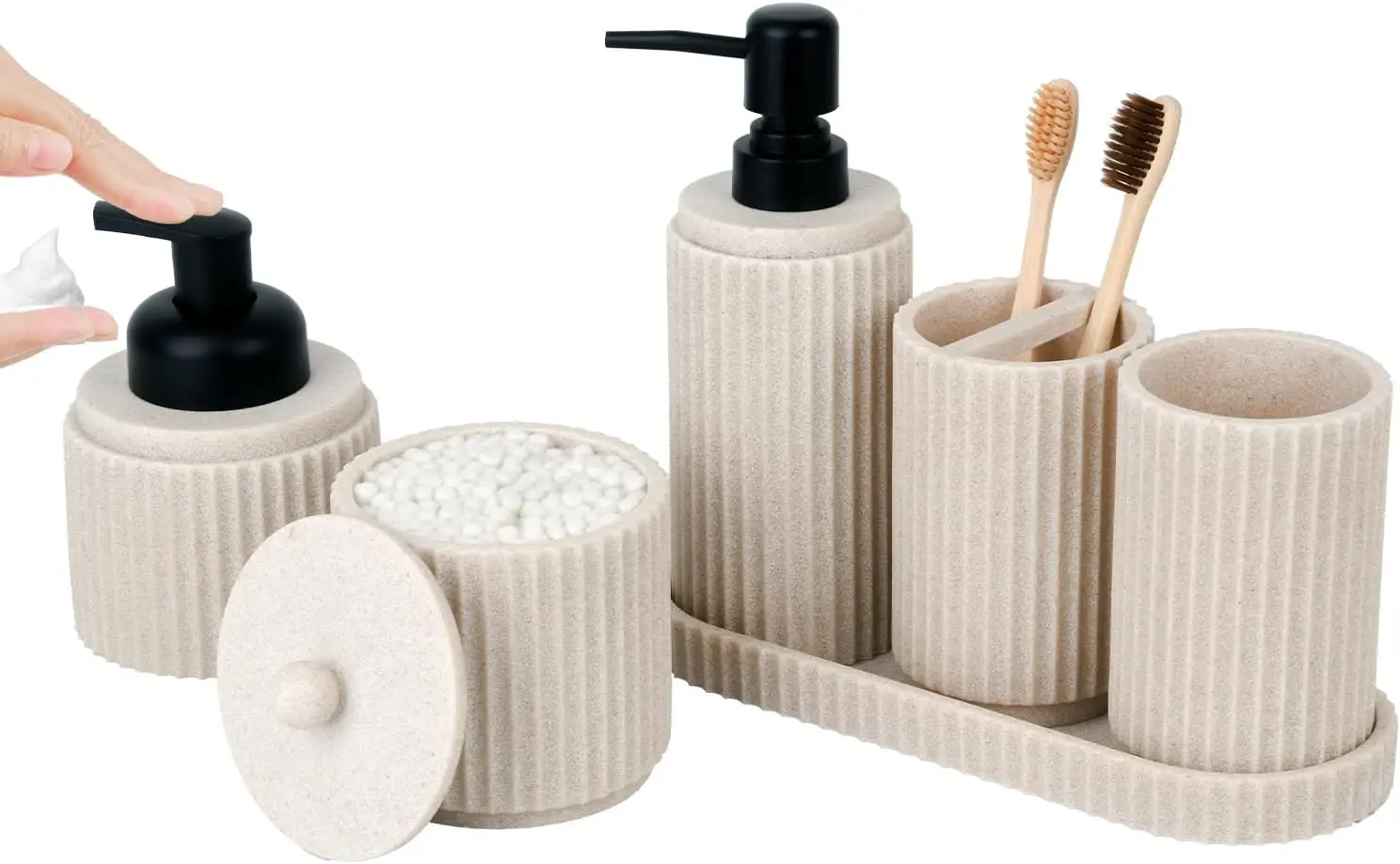 

Beige Bathroom Organizer Set - 6 Pieces: Soap Dispensers, Toothbrush Holder, Tray, Tumbler for Countertop