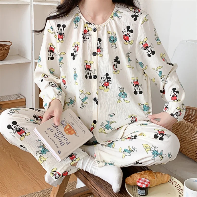 Disney Mickey autumn new pajamas women\'s cloud cotton crew neck cardigan Mickey cartoon sweet and comfortable girl loungewear