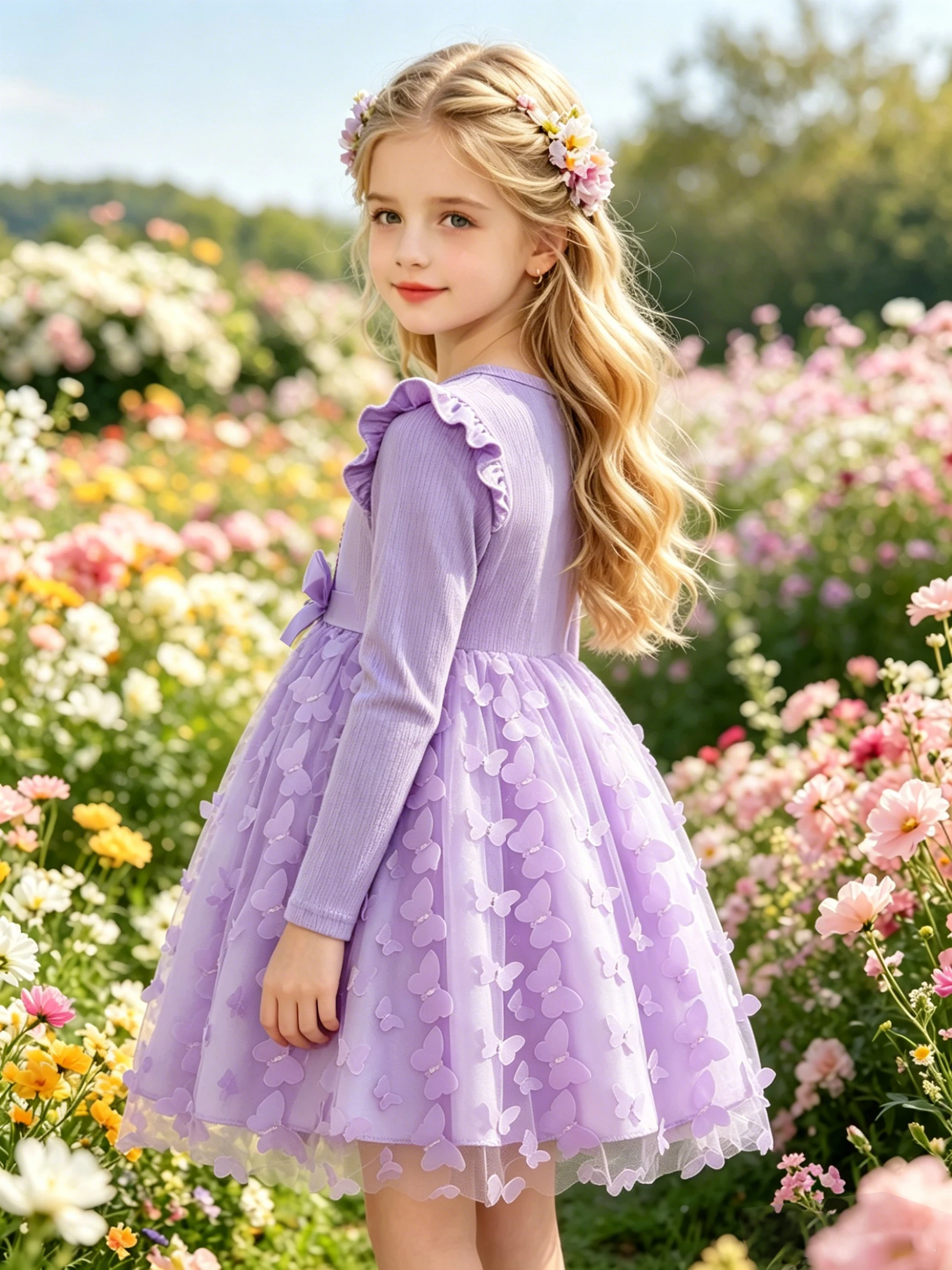 Mädchen-Kpop-Kleid mit Cartoon-Print, langärmliges Schmetterlings-Mesh-Kleid, lässiges, locker sitzendes Kleid für Kinder, Kleidung im Idol-Stil – Detail 2