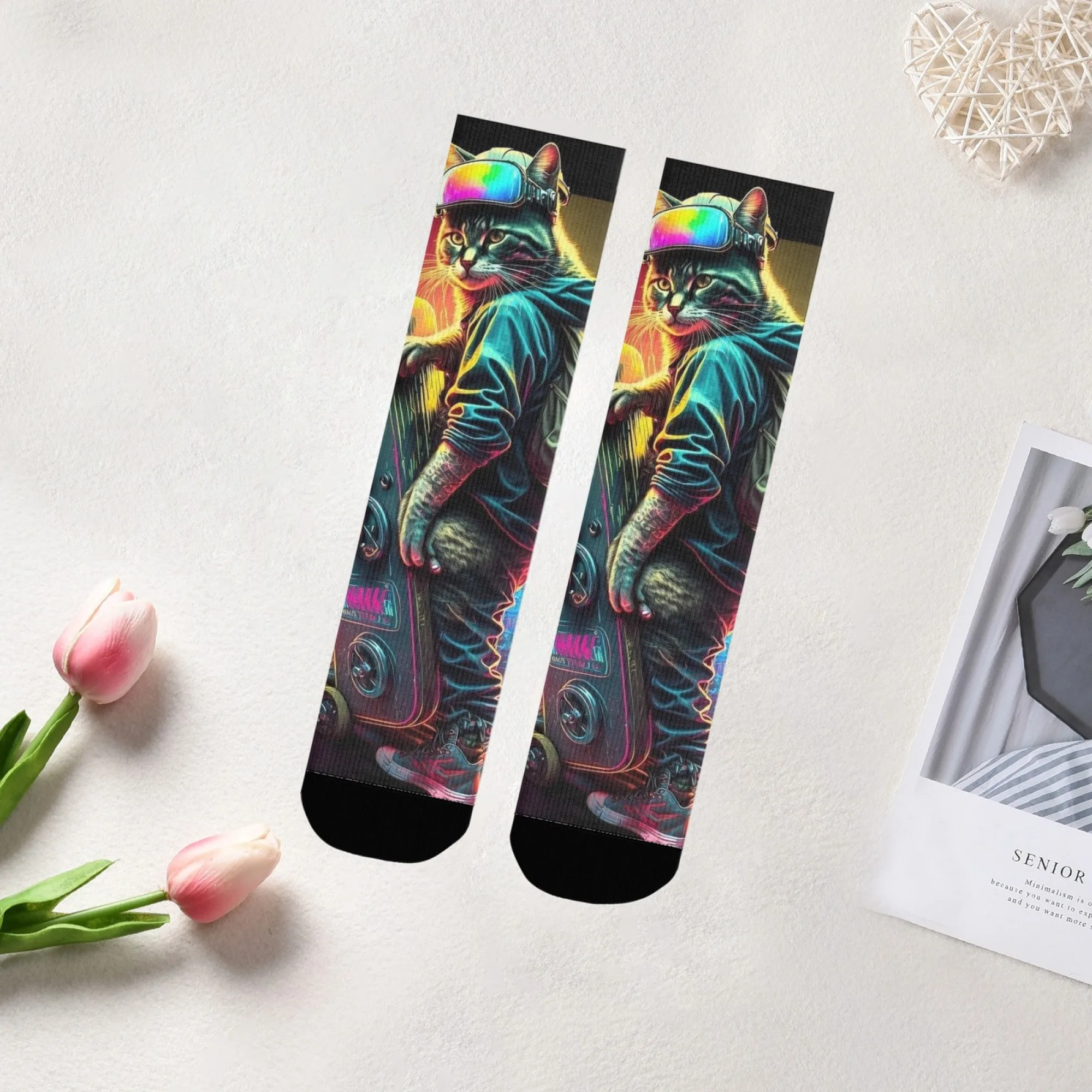 

Edgy Party-ready Cat Crew Socks Metallic Silver Base with Stylish Cat & Neon Letter Prints for Music Festivals & Nightclubs