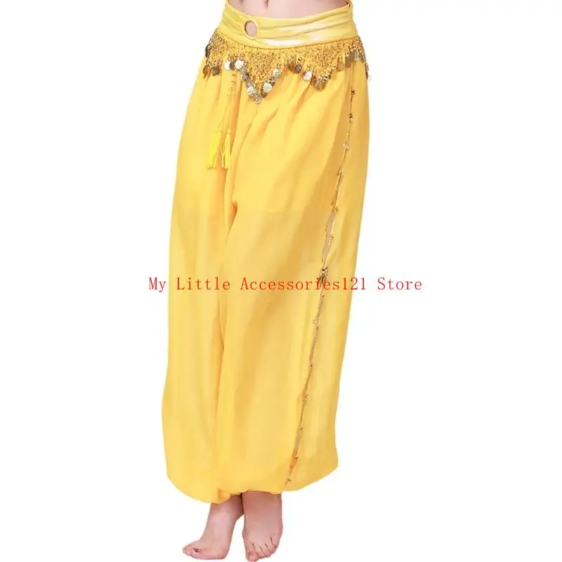  Belly Dance Costume Coin Lantern Pants Side Split Sequins Harems Pants Arabic Halloween Costume Accessory for Womens