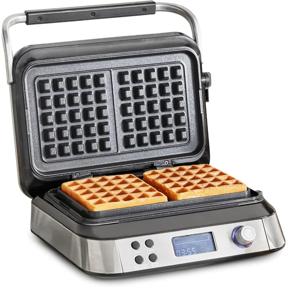 Stainless Steel 2-Square Waffle Maker Iron, Healthy Ceramic Nonstick Plates, Adjustable Shade & Crunch Settings