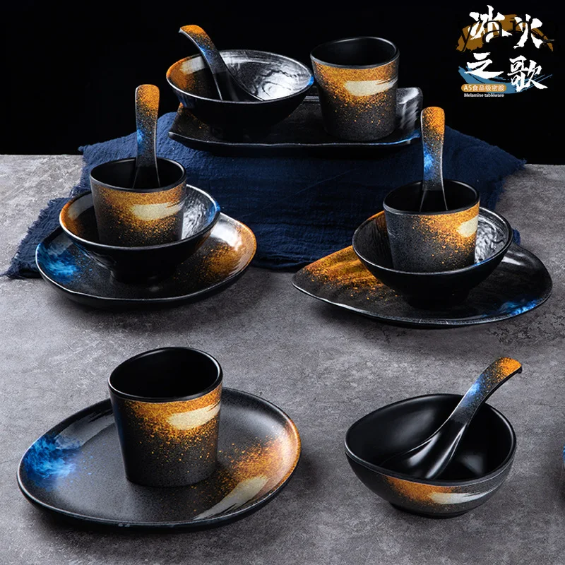 

LMM tableware, hot pot, retro bone plates, bowls, cups, spoons, sets, barbecue, barbecue, porcelain, four-piece set commercial
