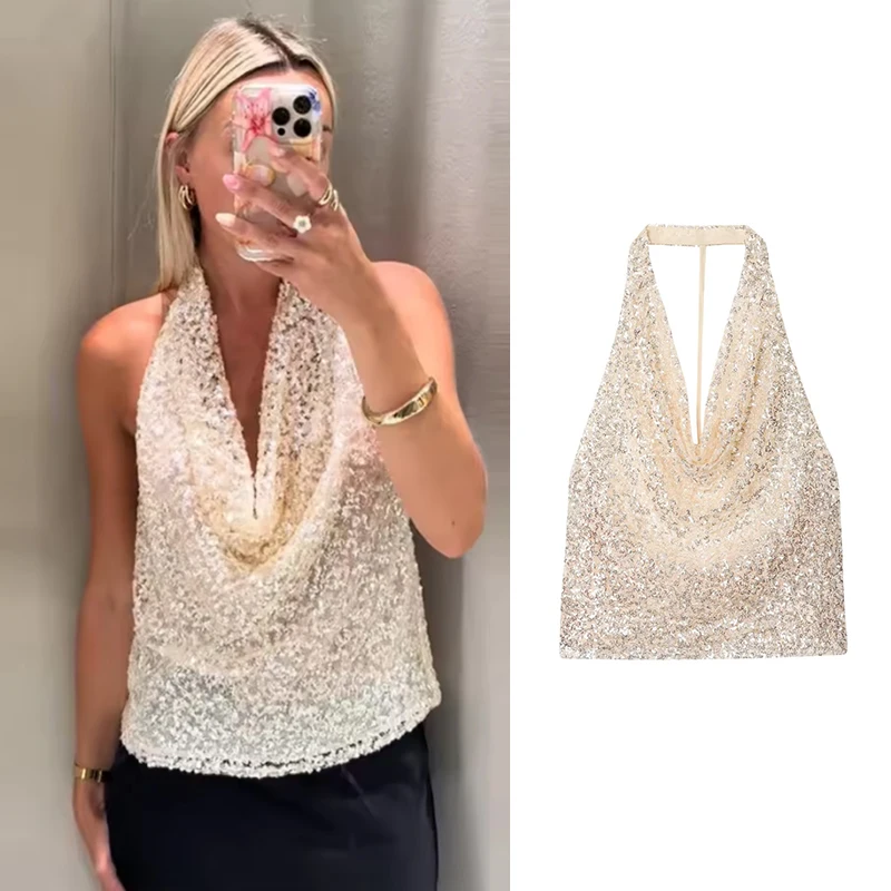 Women's Tops Summer New Chic Sequins Hanging Neck Elegant Party Tops Women's Fashion Joker Street Youth Travel Holiday Tops