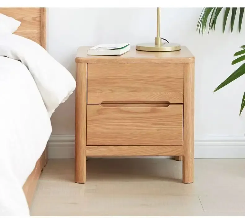 Modern minimalist solid wood bedside table, North American oak double drawn bedside table, light table