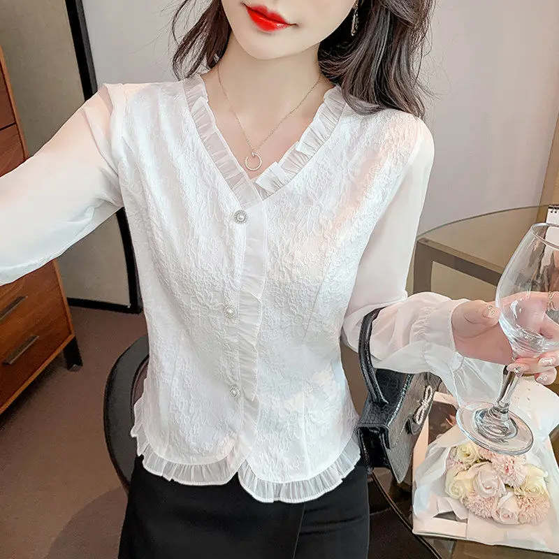 French Jacquard Pullover V-neck Shirt Women\'s Long Sleeved 2024 Autumn New Western Fashion Solid Color Chiffon Flare Sleeve Tops