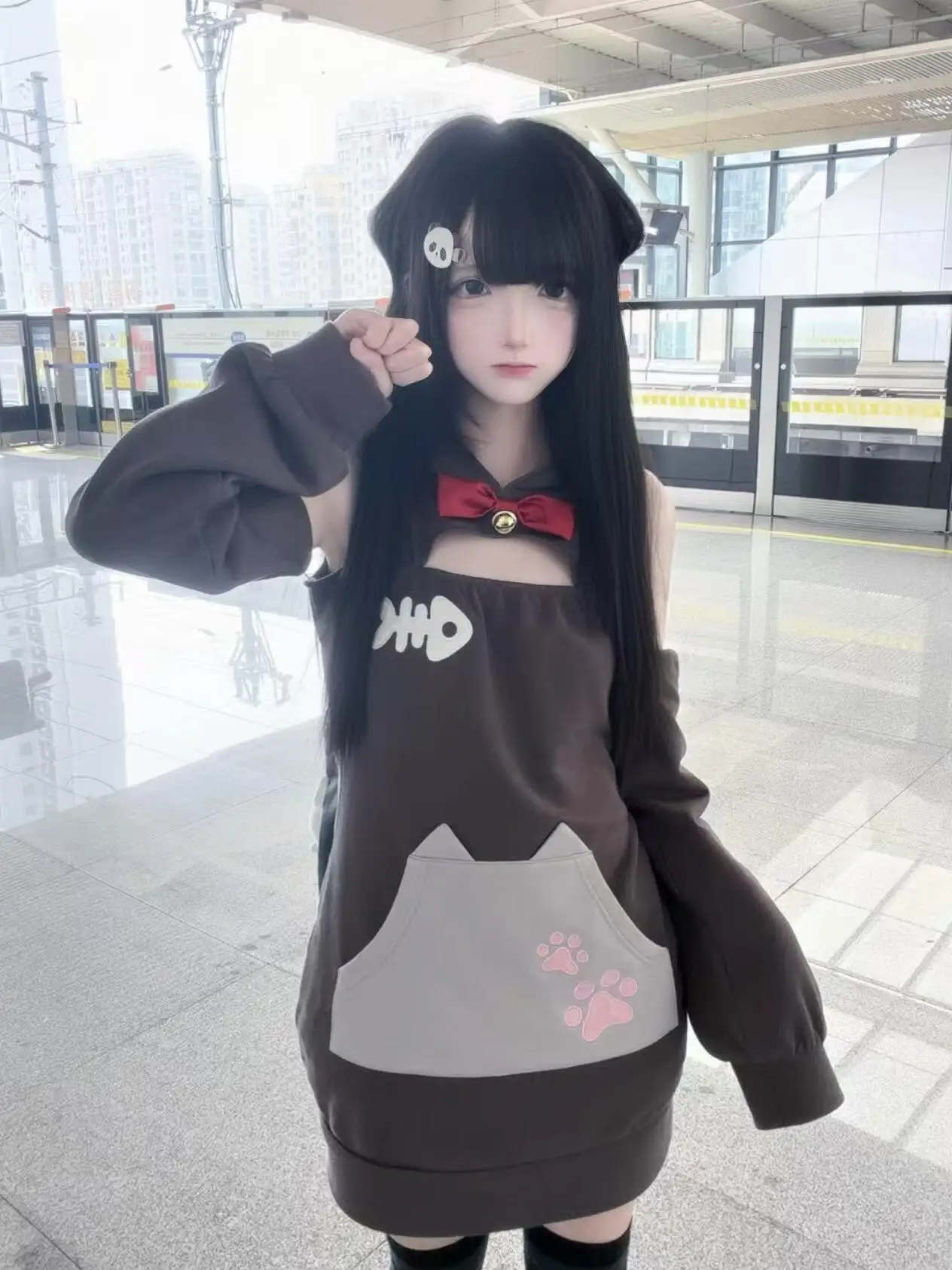 Autumn and Winter Japanese-style Cute Cat Removable Sleeve Neck-Hanging Off-Shoulder Bow Bell Sweet and Charming Sweatshirt