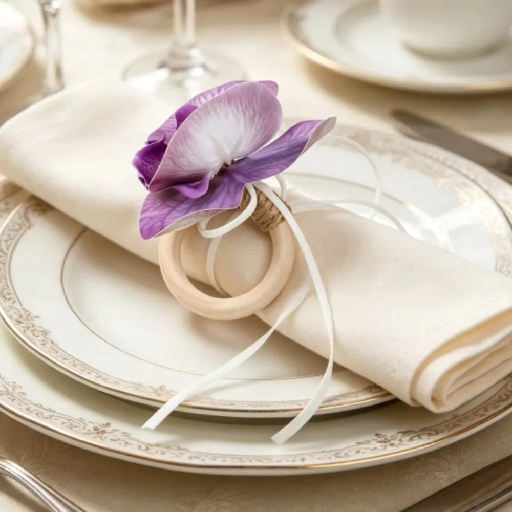 New Wooden Base Napkin Ring Orchid Handcrafted Flower Napkin Fastener Lightweight Nordic Style Napkin Holders For Home Dining