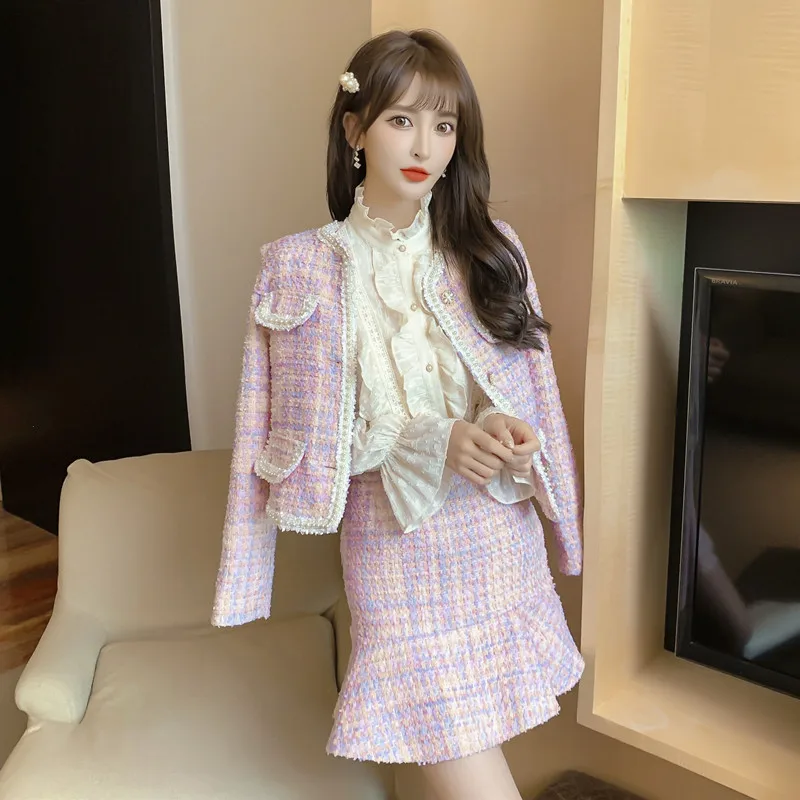 Spring Autumn Small Fragrance Tweed Two Piece Set Women Short Jacket Coat Crop Top+ Skirt Suits Korean 2 Piece Sets Women Outfit