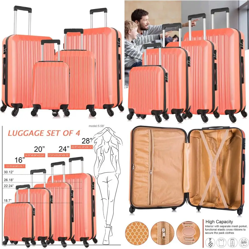 

apelila 4 piece hardshell luggage sets,travel suitcase,carry on luggage with spinner wheels free cover&hanger inside4pc (orange)