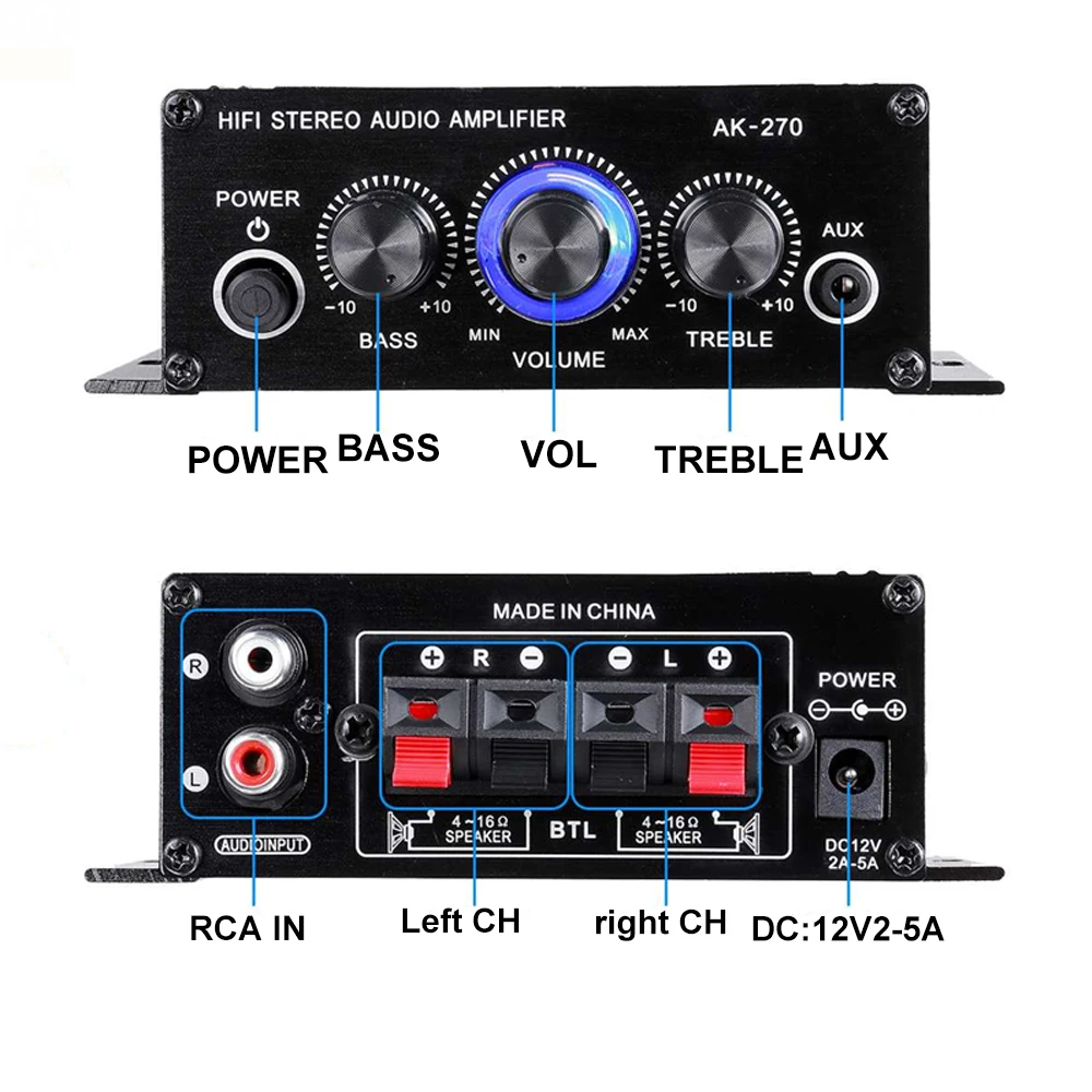 AK-270 Audio Amplifier Sound Channel 2.0 Digital Audio Amplifier HIFI Stereo AUX Input Mini Portable Car and Home Audio Amplifie