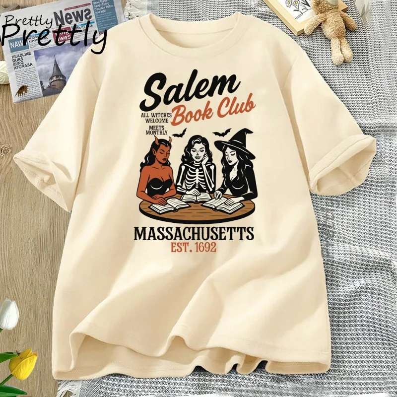 Witchy Book Club T-Shirt Spooky Girl Reading T-Shirt Buchliebhaber Halloween T-Shirt Casual Kurzarm Baumwolle Damen Kleidung T-Shirts
