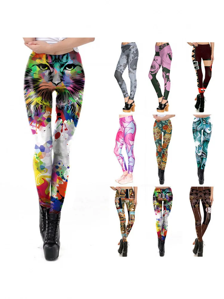 High Waist Digital Print Pattern 3D Long Tights Women's Tight Base Layer Pants Butt Lifting Polyester Fiber