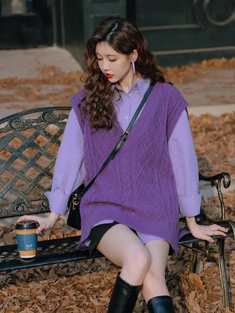 Waistcoat Purple V-Neck Lady Sweaters Loose Pullover Knit Vests for Women Sleeveless Korean Style Clothing Elegant Trend 2024