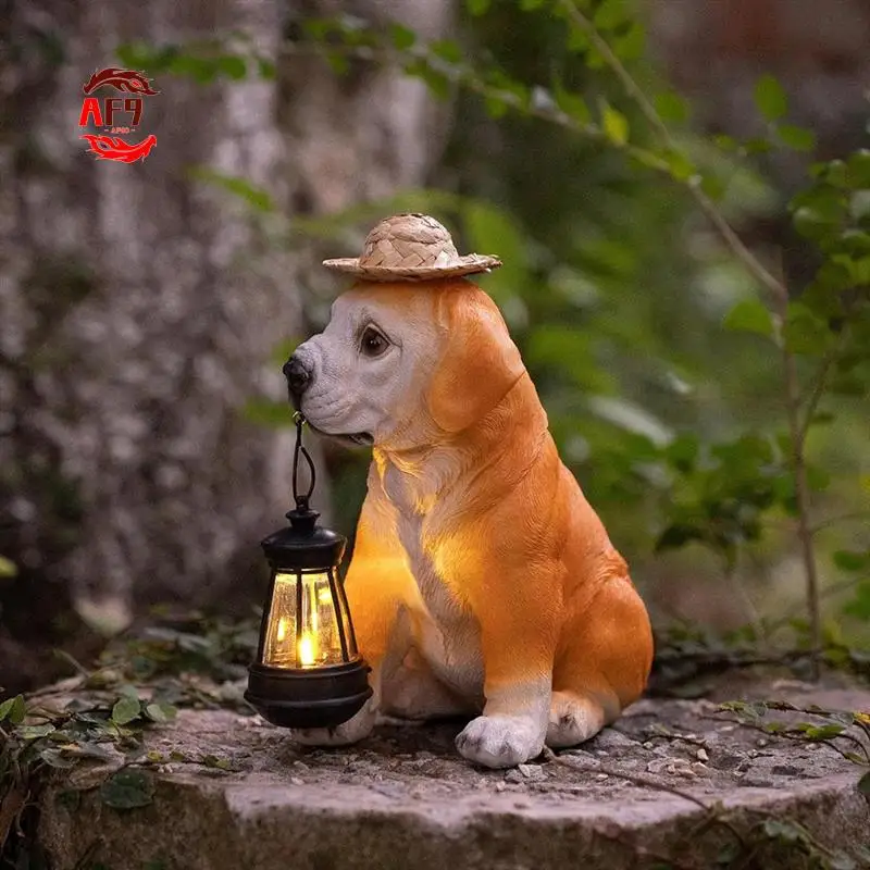 

AF90-Garden Dog Statues - Adorable Resin Dog Figurines With Straw Hat And Solar LED Lantern, Puppy Decor Outdoor Solar Light
