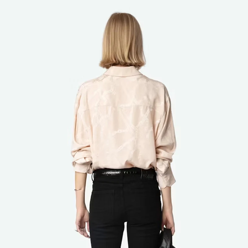 Zadig Pink Silk Shirt Female Casual Sprockets Blouse Ladies Lapel Long Sleeve Shirts Women Elegant Lace Pocket Blouse Chic Tops