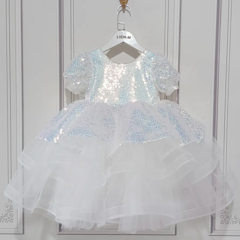 

Sparkling Sequin Design Princess Ball Gown For Girls New Summer Cute Puff Sleeve Birthday Party Performance Dresses y941