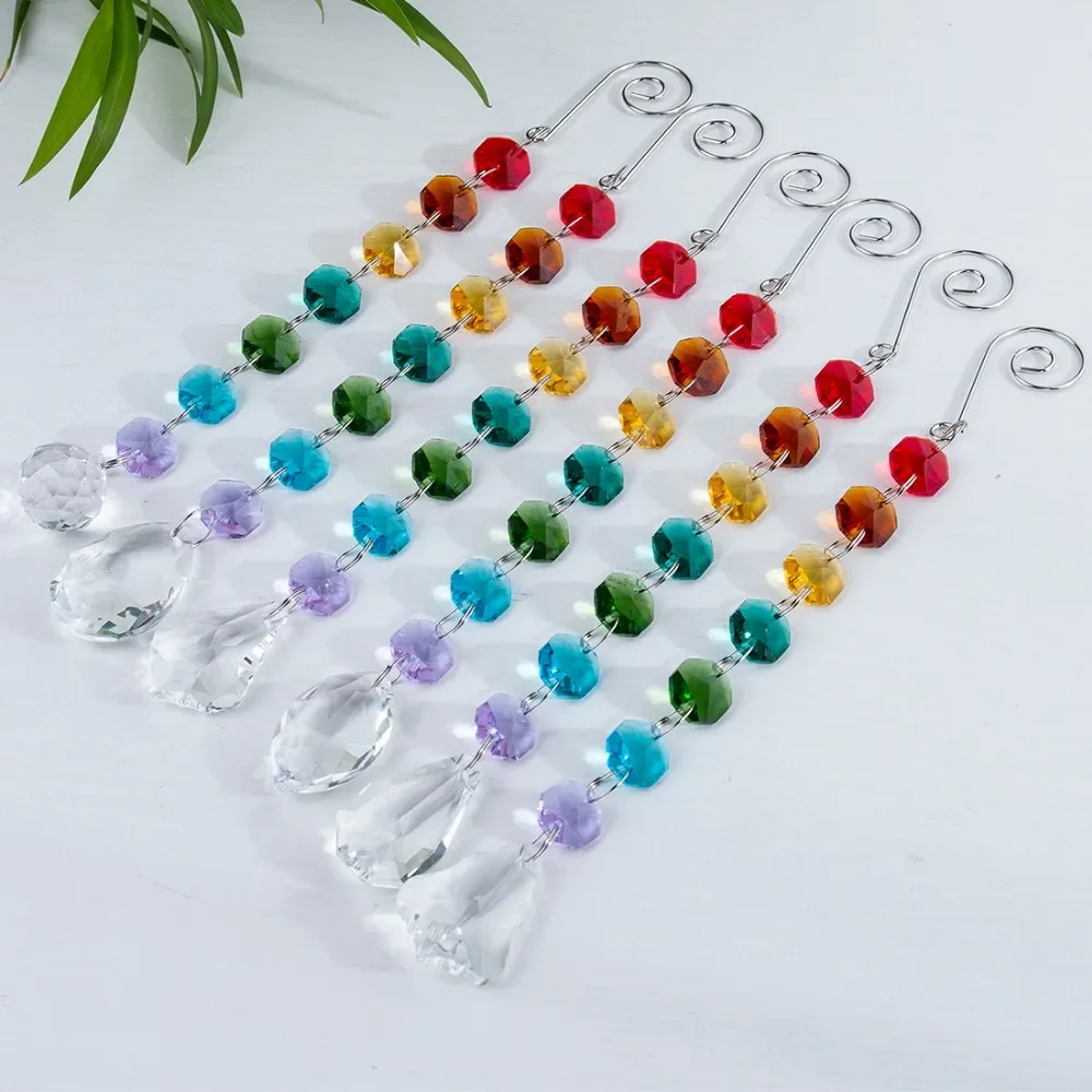 Camal 6pcs Crystal Prisms w/ Multicolor Octagonal Beads Garland Window Hanging Ornaments Rainbow Maker Suncatcher Xmas Birthday