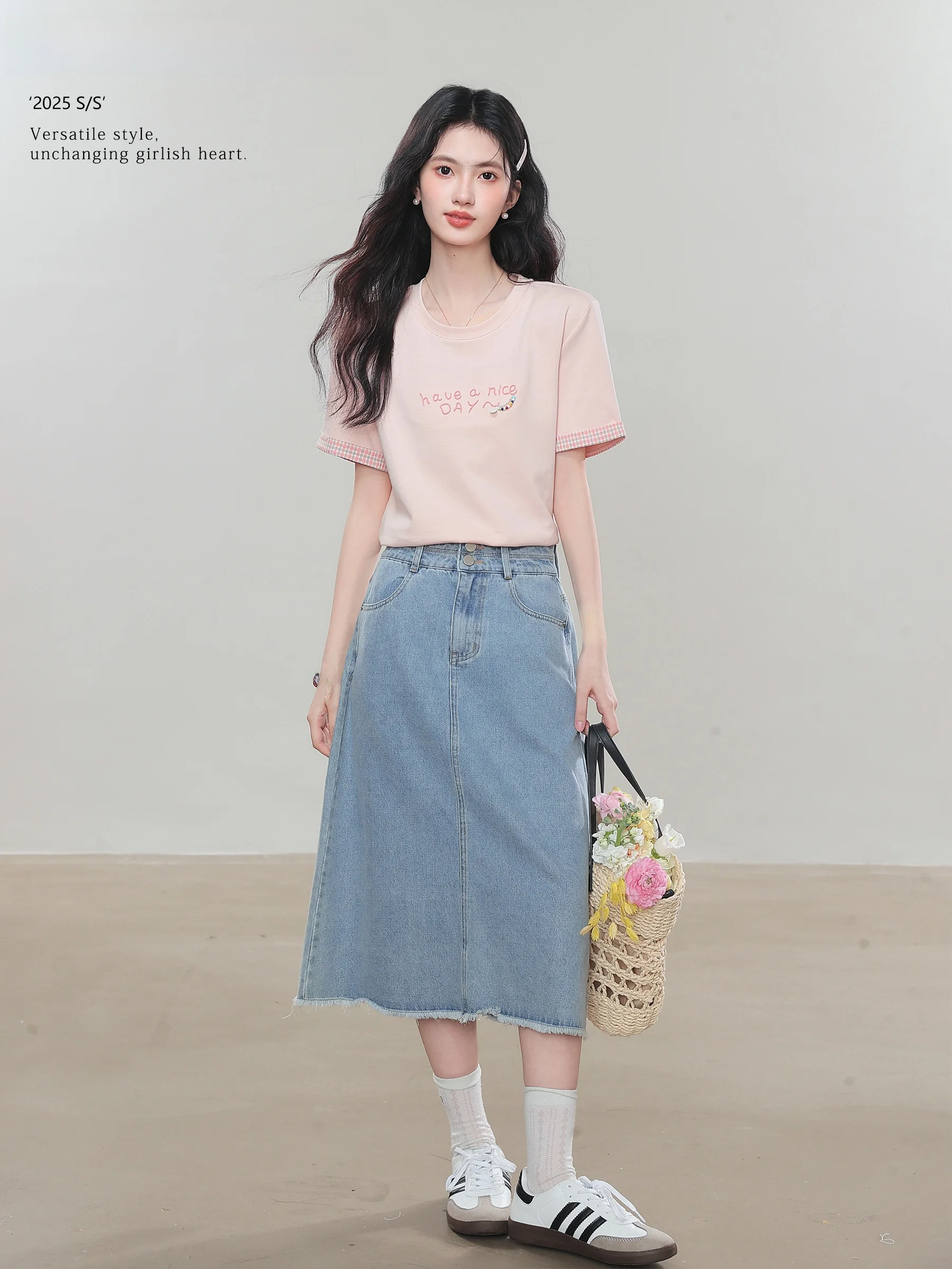 

Lingjiu 2026 New Vintage Denim A-Line Skirt Women Summer Hiding Hip Pear Body Shape Cotton Casual round Neck Short Sleeve